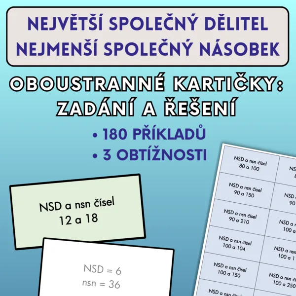 Největší společní dělitel, nejmenší společný násobek - oboustranné kartičky 1