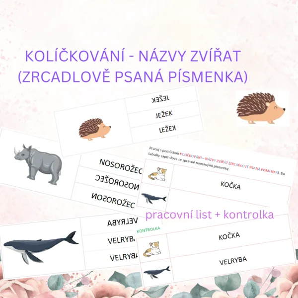 kolíčkování - názvy zvířat (zrcadlově psaná písmenka) 1