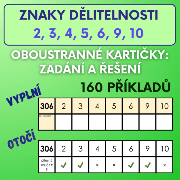 Znaky dělitelnosti 2, 3, 4, 5, 6, 9, 10 - oboustranné kartičky 1