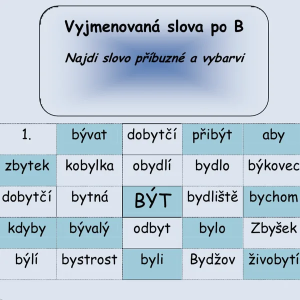 Vyjmenovaná slova po B - najdi slovo příbuzné a vybarvi 1