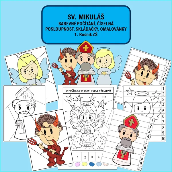 SV. MIKULÁŠ barevné počítání, číselná posloupnost, skládačky, omalovánky 1