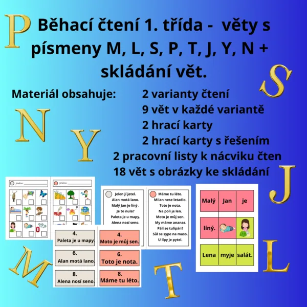 Běhací čtení 3 - věty s písmeny M, L, S, P, T, J, Y, N + skládání vět 1