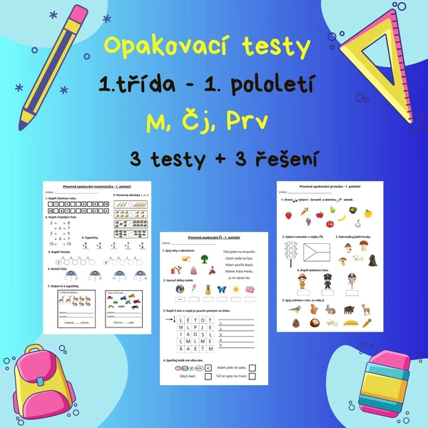 Opakovací testy 1.třída - 1. pololetí M, Čj, Prv 1