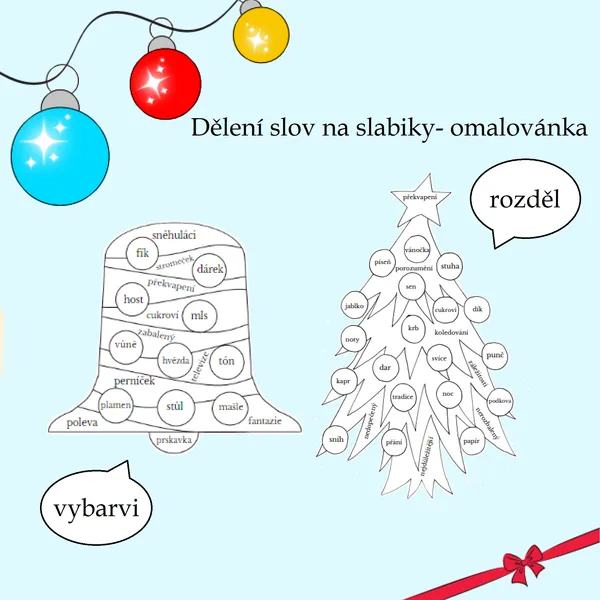 Dělení slov na slabiky- omalovánka s vánoční tematikou 1