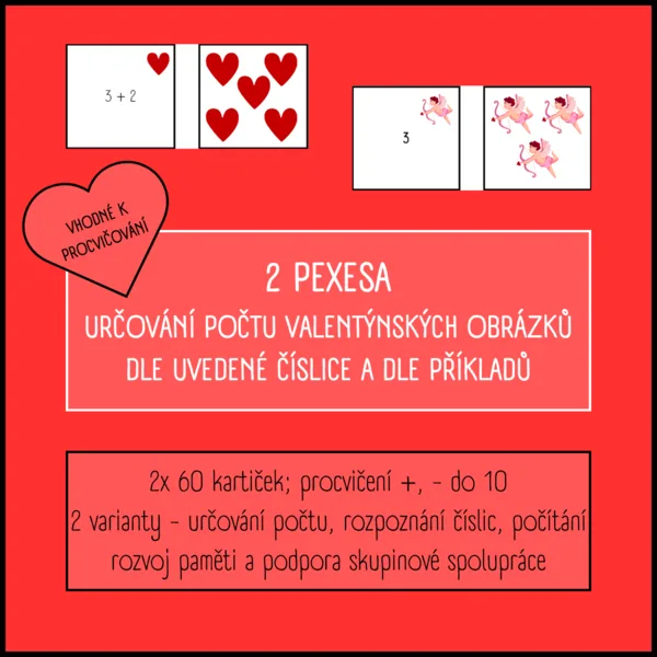 2 pexesa s valentýnskými obrázky pro určování počtu dle číslic a dle příkladů 1