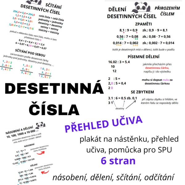 DESETINNÁ ČÍSLA - přehled, výukový plakát (A4, A5, A6, barevná i černobílá) 1