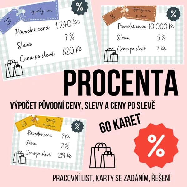 Procenta - 60 zadání (výpočet slevy, výpočet ceny před a po slevě) 1