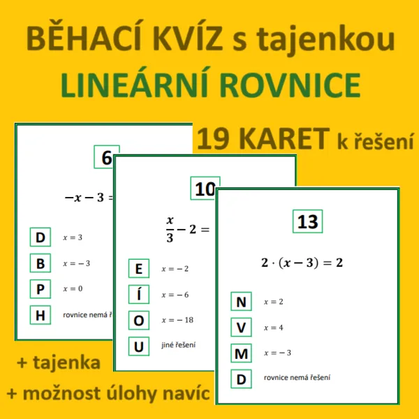 BĚHACÍ KVÍZ s tajenkou – lineární rovnice 1