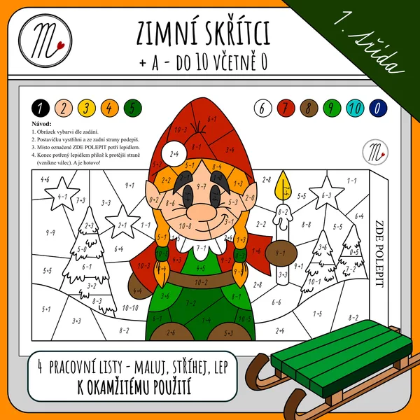 Zimní skřítci sčítání a odčítání do 10 včetně 0 - maluj, lep, stříhej 1