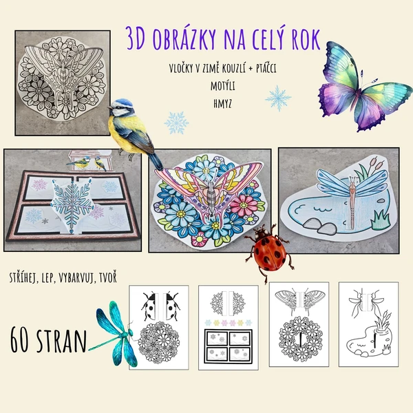 3D obrázky - motýli, hmyz, vločky 1