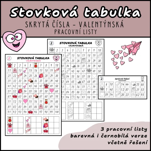 VALENTÝNSKÁ skrytá čísla - stovková tabulka (pracovní listy) 1