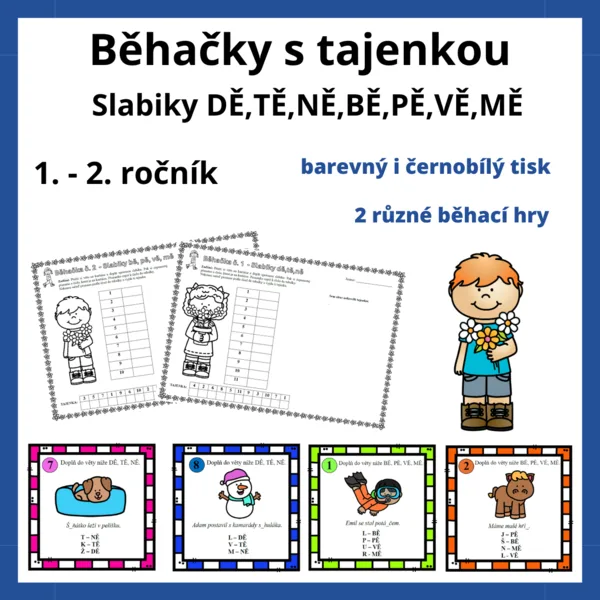 Běhačky s tajenkou - slabiky DĚ,TĚ,NĚ,BĚ,PĚ,VĚ,MĚ 1