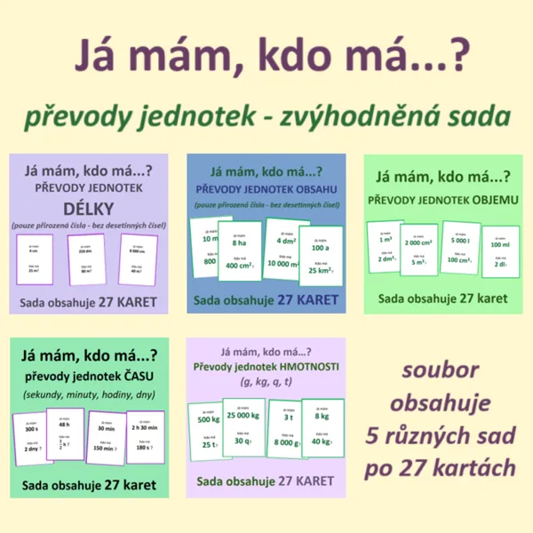 Převody jednotek délky, obsahu, objemu, času a hmotnosti - zvýhodněná sada 1