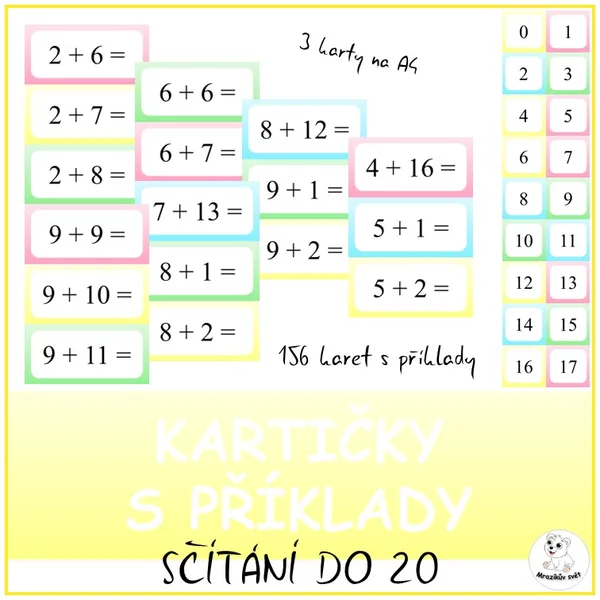 Kartičky s příklady - sčítání do 20 1