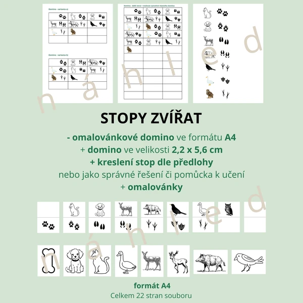 Stopy zvířat - omalovánkové domino (A4 + 2,2 x 5,6 cm), kreslení dle předlohy, omalovánky zvířat 1