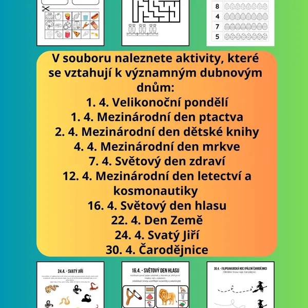 Duben v MŠ - významné dny (Den ptactva, Den Země, Den letectví a kosmonautiky, Čarodějnice, aj.) 1