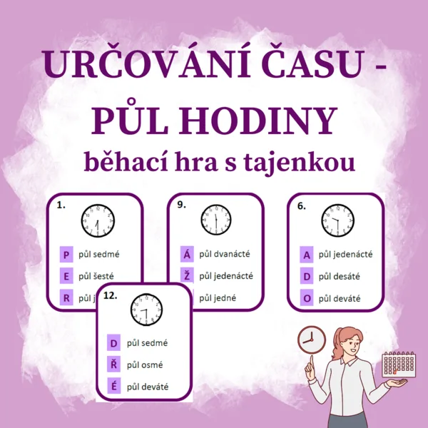 Určování času - půl hodiny - běhací hra s tajenkou 1