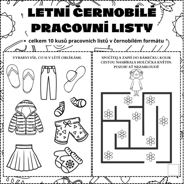 Letní černobílé pracovní listy 1