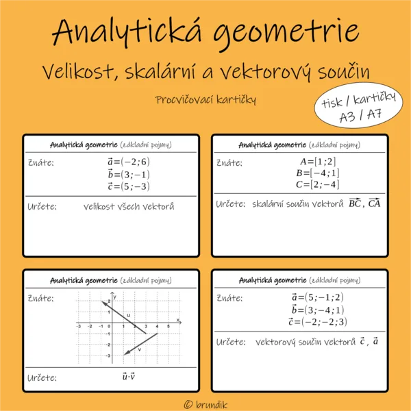 Analytická geometrie - velikost, skalární a vektorový součin (procvičovací kartičky) 1
