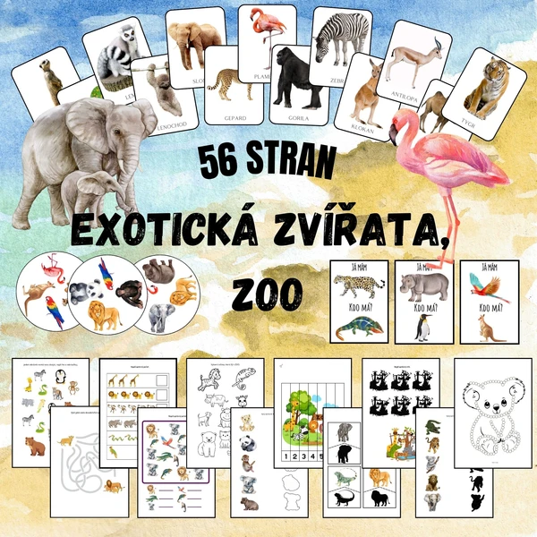 ZOO, Exotická zvířata - Demonstrační obrázky, Já mám, kdo má, postřehovka, pracovní listy, skládačky, tečkování 1