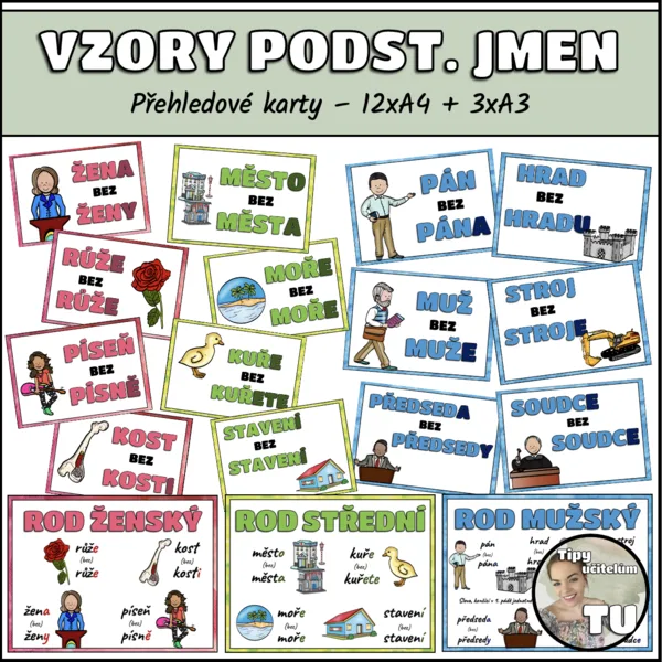 Vzory podstatných jmen - přehledové karty, výzdoba třídy 1