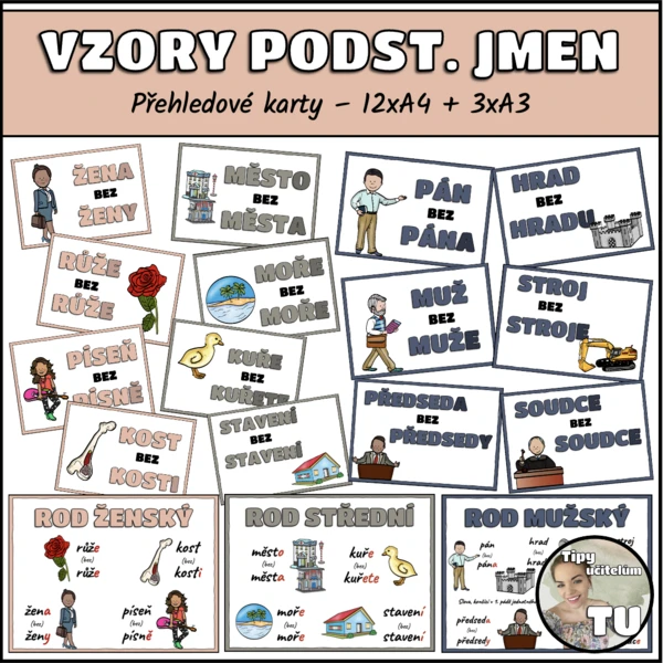 Vzory podstatných jmen - přehledové karty, výzdoba třídy - neutral 1