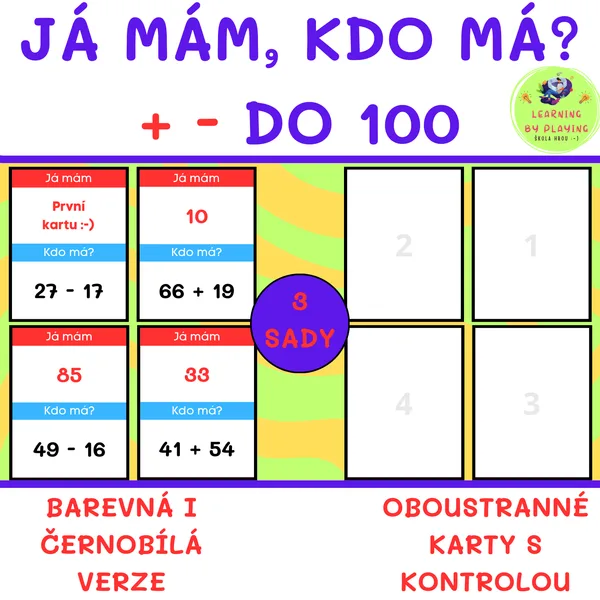 JÁ MÁM, KDO MÁ? - SČÍTÁNÍ a ODČÍTÁNÍ do 100 (3 sady příkladů po 28 kartičkách) 1
