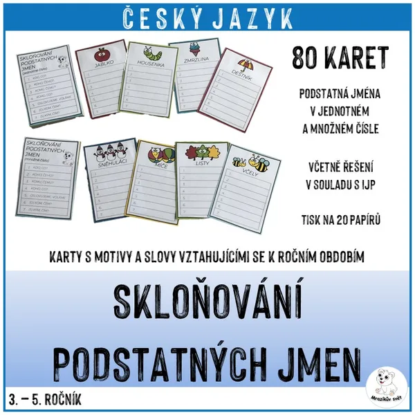 Skloňování podstatných jmen, pádové otázky (kartičky) 1