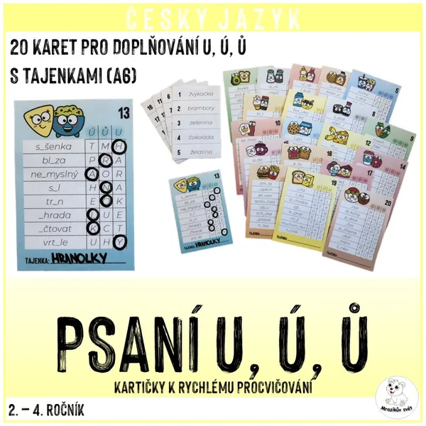Psaní u, ú, ů (kartičky k rychlému procvičování s tajenkami) 1