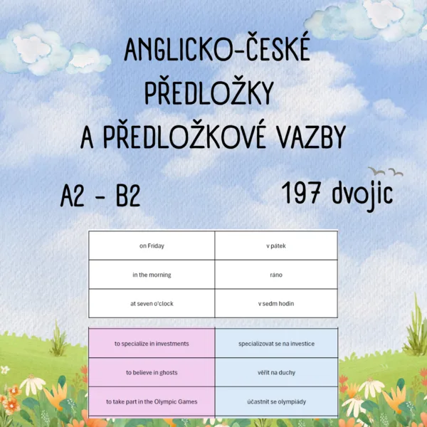 197 anglicko-českých dvojic kartiček s anglickými předložkami a vazbami 1