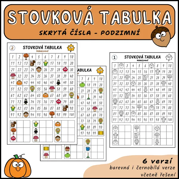 Stovková tabulka - skrytá čísla PODZIMNÍ (pracovní listy) 1