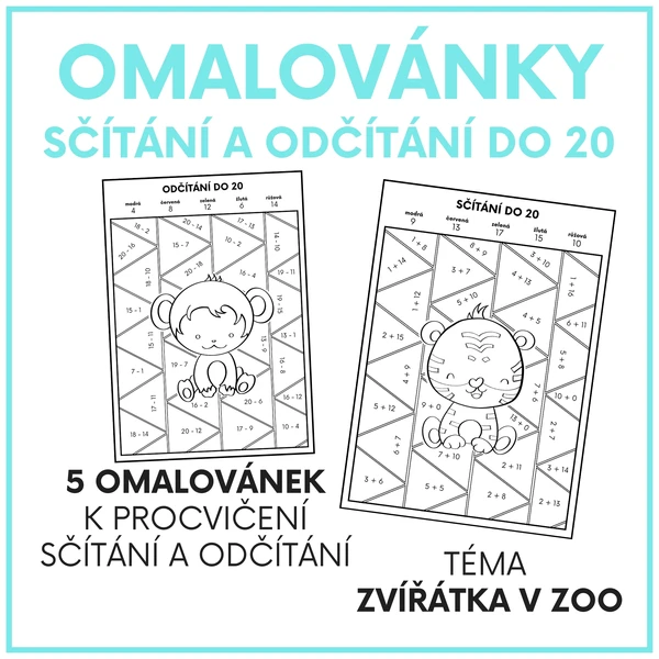 Omalovánky - sčítání a odčítání do 20 (téma zvířátka v ZOO) 1