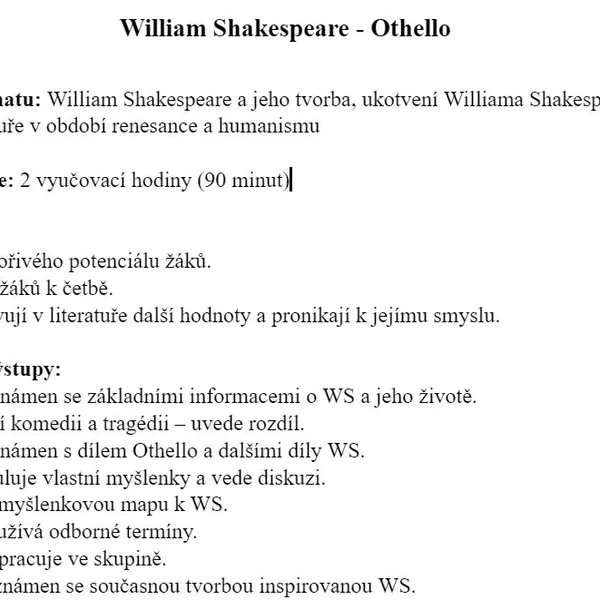 Příprava na hodinu_William Shakespeare_Othello (90 minut) 1