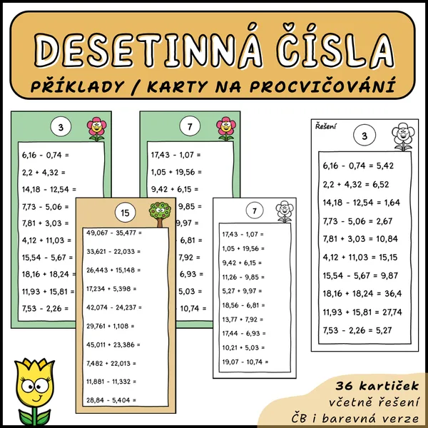 Desetinná čísla - karty s příklady na sčítání a odčítání 1