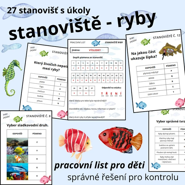 STANOVIŠTĚ - ryby (27 stanovišť s otázkami, pracovní list s tajenkou, výsledky) 1