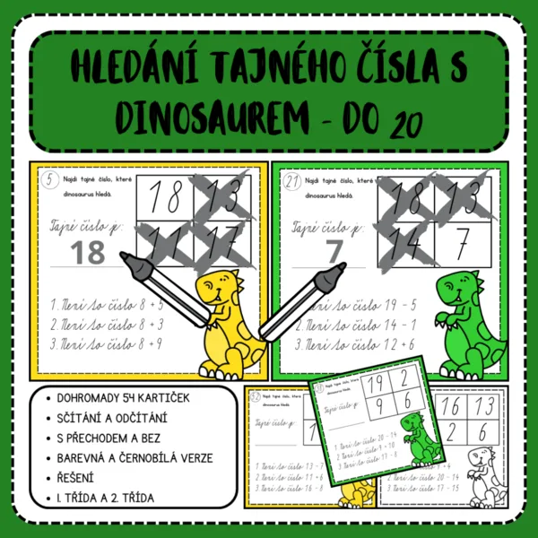 Hledání tajného čísla s dinosaurem - sčítání a odčítání do 20 1