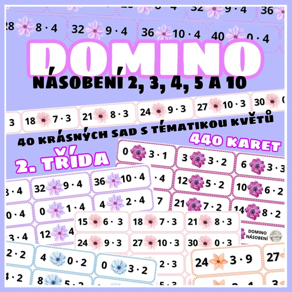 Matematické DOMINO - násobení 2, 3, 4, 5, 10 s květinami 1