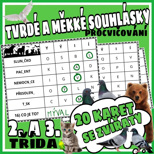 Procvičování tvrdé a měkké souhlásky s tajenkou - ZVÍŘATA 1