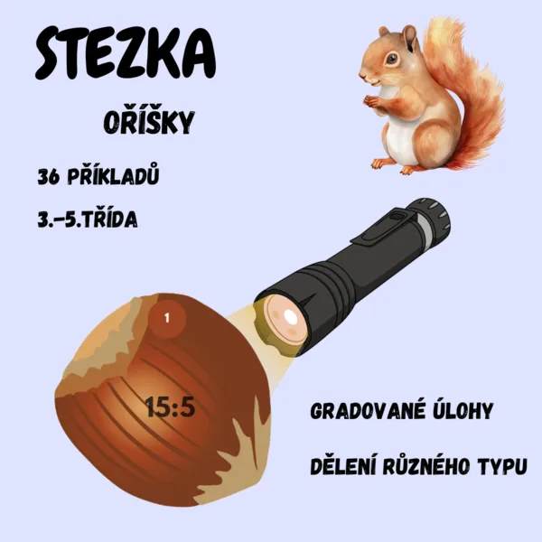 Oříšky - gradované příklady na dělení s baterkou 1
