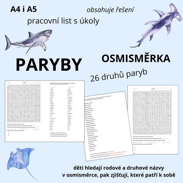 OSMISMĚRKY - paryby (pracovní list, osmisměrka, úkoly a řešení) 1
