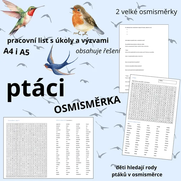 OSMISMĚRKY - ptáci (pracovní list, osmisměrka, úkoly a řešení) 1