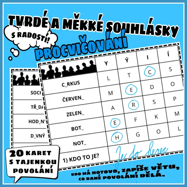 Procvičování tvrdé a měkké souhlásky s tajenkou POVOLÁNÍ  1