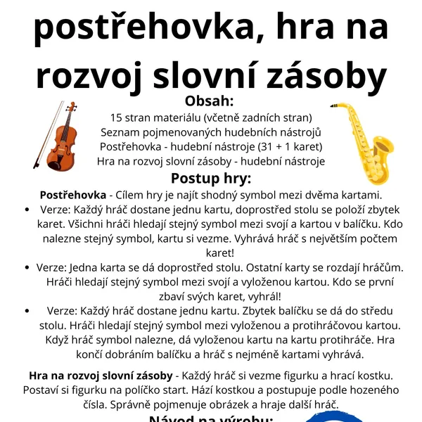 Hudební nástroje - postřehovka, hra na rozvoj slovní zásoby 1
