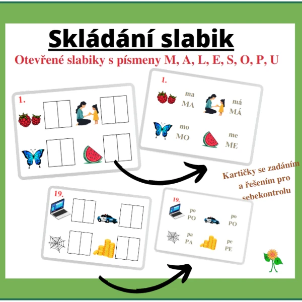 Skládání slabik s písmeny m, a, l, e, s, o, p, u 1