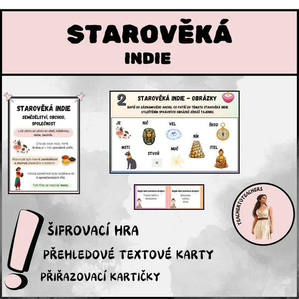 STAROVĚKÁ INDIE - šifrovačka, přiřazovačky, přehledové textové karty 1