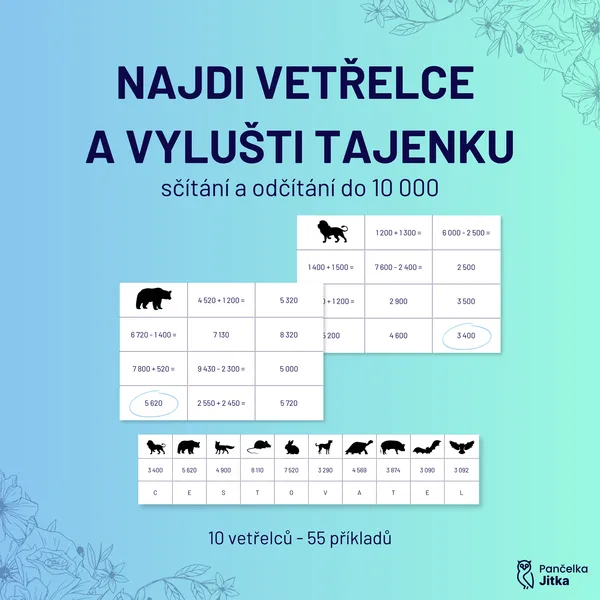 Najdi vetřelce a vylušti tajenku - sčítání a odčítání do 10 000 1