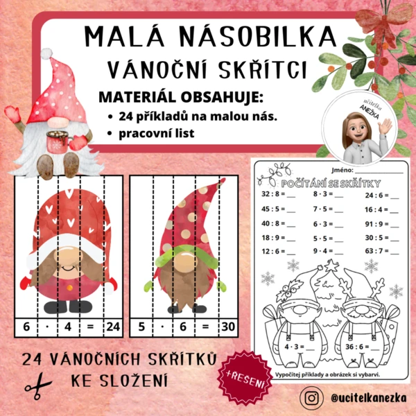 VÁNOČNÍ SKŘÍTCI - malá násobilka (skládání příkladů + prac. list) 1