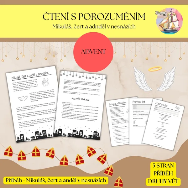 Mikuláš, čert a anděl - čtení s porozuměním + druhy vět 1