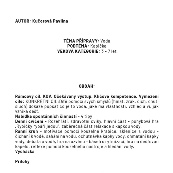 Metodická příprava do MŠ na jeden den - VODA - nabídka činností 1