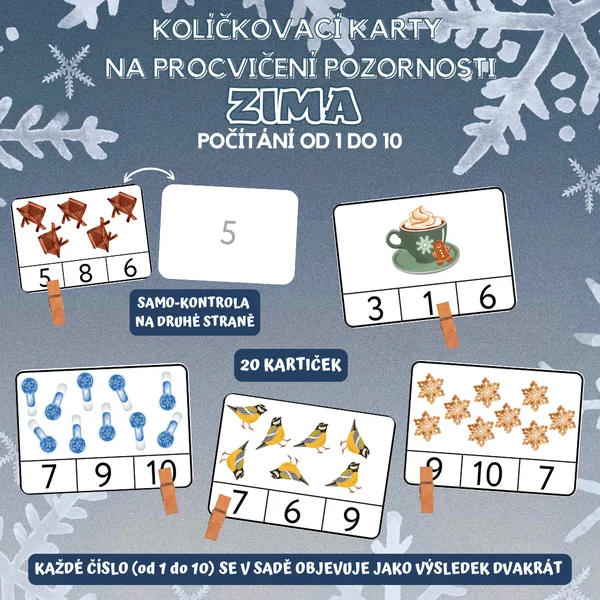 Kolíčkování Zima - počítání od 1 do 10 1